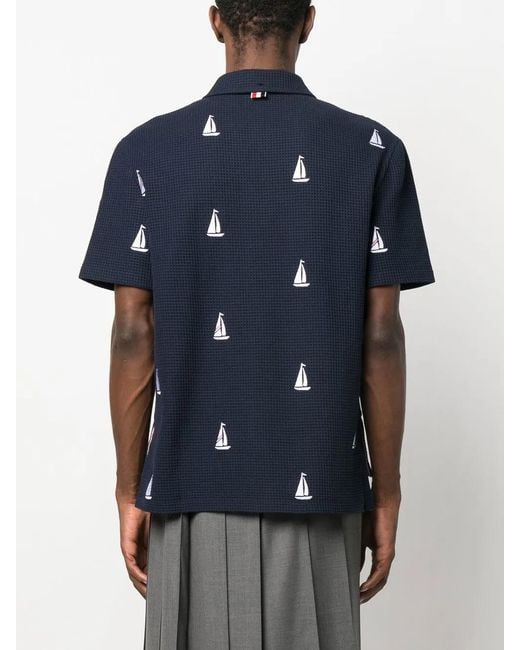Thom Browne Blue Textured Short-Sleeve Polo Shirt for men
