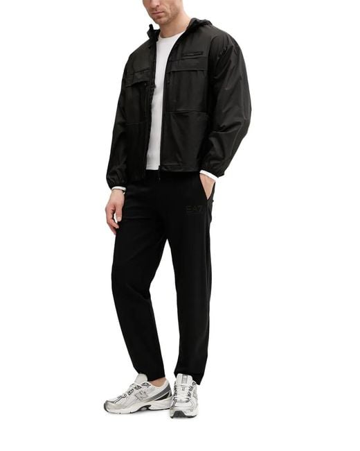 EA7 Black Logo-Patch Hooded Windbreaker for men
