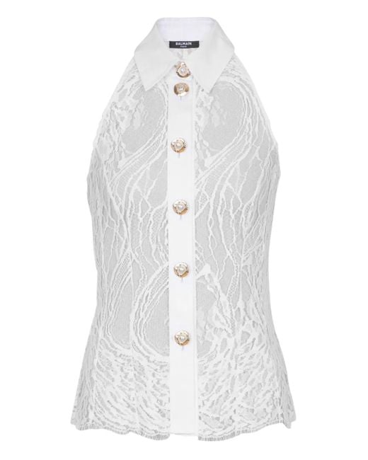Balmain White Neckholder-Top aus Spitze