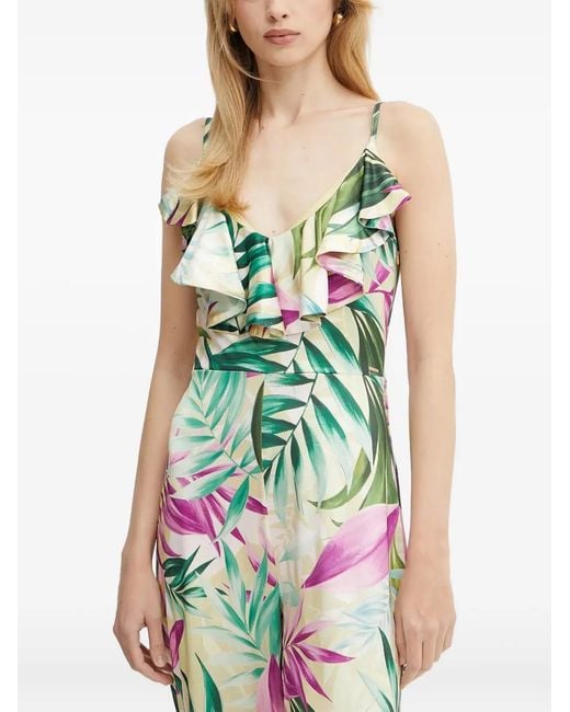 Guess Green Ruffle-Detail Tropical-Print Jumpsuit
