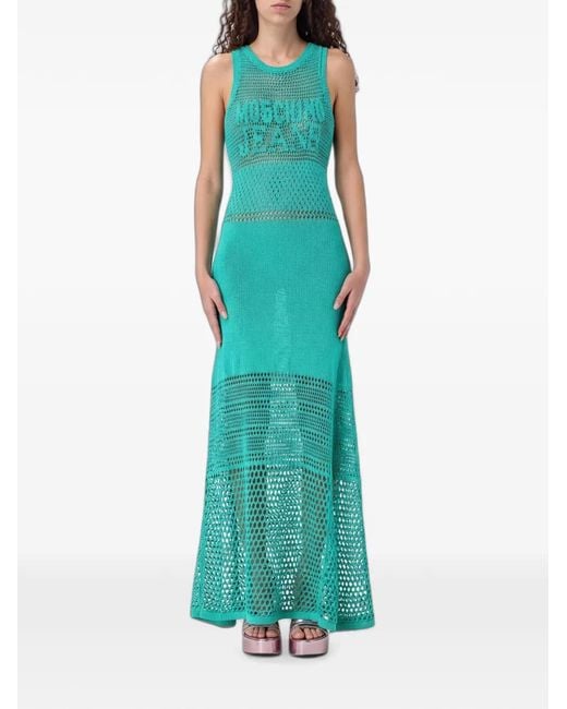 Moschino Green Maxi Crochet-Knit Logo-Intarsia Dress