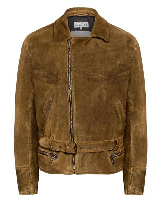 MM6 by Maison Margiela Brown Belted Asymmetrical-Zip Leather Jacket for men