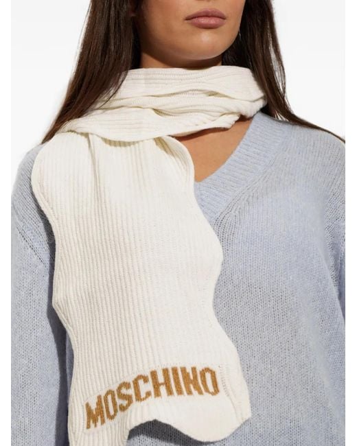 Moschino Natural Logo-Intarsia Ribbed-Knit Scarf