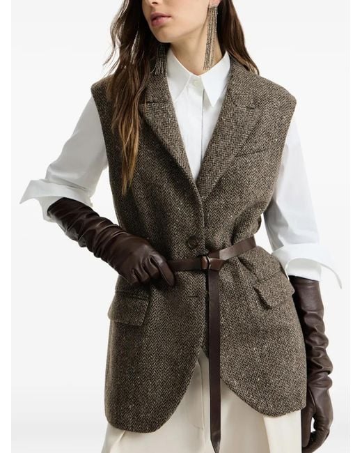 Brunello Cucinelli Brown Sparkling Virgin Wool Chevron Vest With Leather Belt And Monili