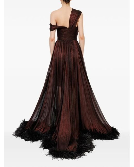 IRIS SERBAN Brown Carla Feather-Trimmed Pleated Gown
