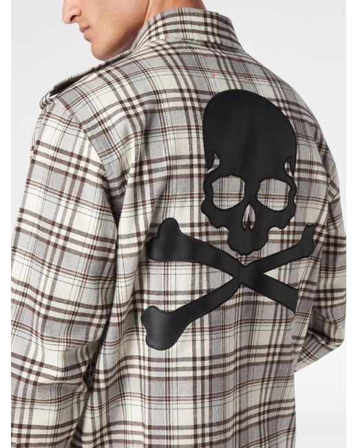 Philipp Plein Gray Skull&Bones-Print Checked Shirt for men