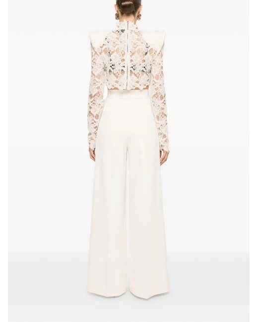 Nissa Natural Structured-Shoulder Lace Crop Top