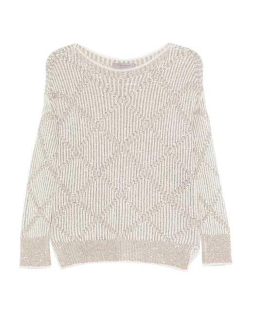 D.exterior White Sequin-Embellished Diamond-Pattern Sweater