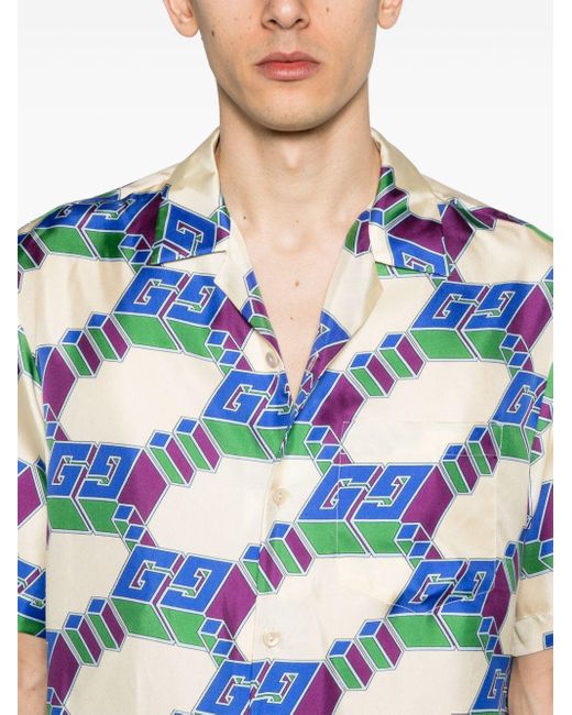Camisa de Seda con Estampado GG En 3D Gucci de hombre de color Blue