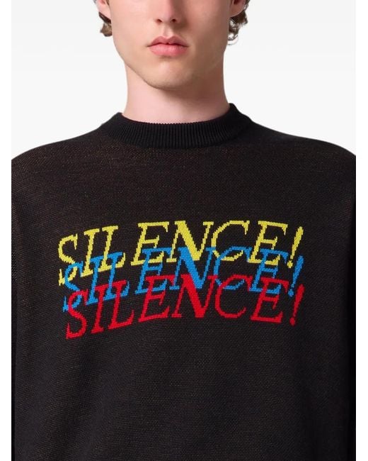 MSGM Black Slogan-Intarsia Crew-Neck Sweater for men