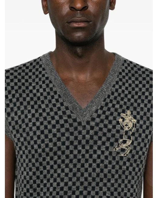 Vivienne Westwood Black Checkerboard-Knit Orb-Embroidered Sleeveless Sweater for men