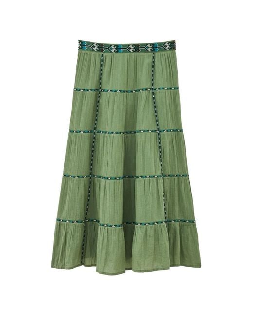 Ba&sh Green Paloma Tiered Embroidered-Waistband Maxi Skirt