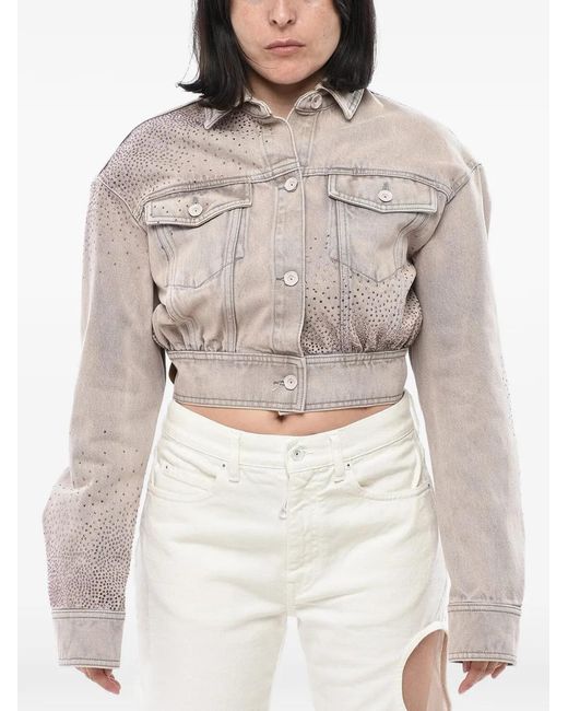 Off-White c/o Virgil Abloh Gray Rhinestone-Embellished Cropped Denim Jacket