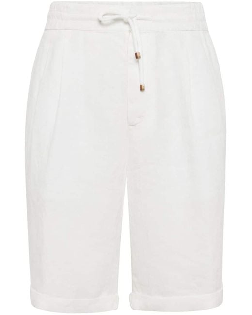 Brunello Cucinelli White Drawstring Linen Bermuda Shorts for men