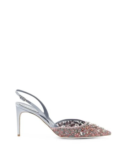 Rene Caovilla White Cinderella Crystal-Embellished Slingback Pumps