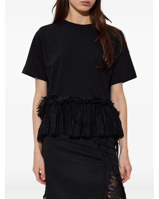 McQueen Black Lace-Trim Ruffled T-Shirt