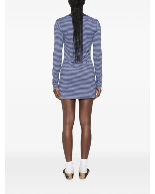 Miu Miu Blue Striped-Pattern Logo-Patch Mini Dress