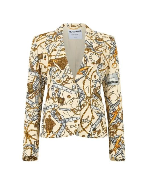 Moschino White Sewing-Print Slim-Fit Jacket