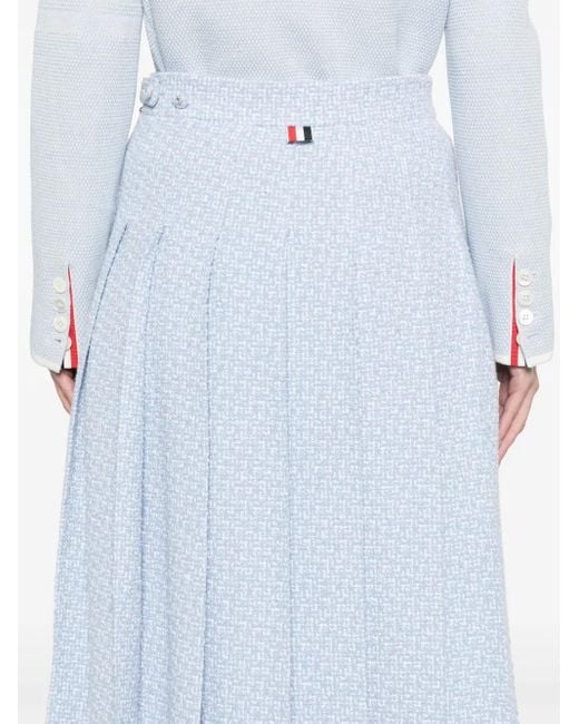 Thom Browne Blue Pleated Tweed Midi Skirt