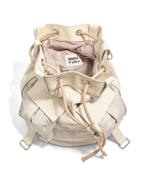 Bimba Y Lola Natural Large Pebbled-Trim Drawstring Bucket Bag