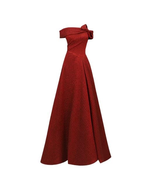 Gemy Maalouf Red Jacquard Bow-Detail Maxi Dress
