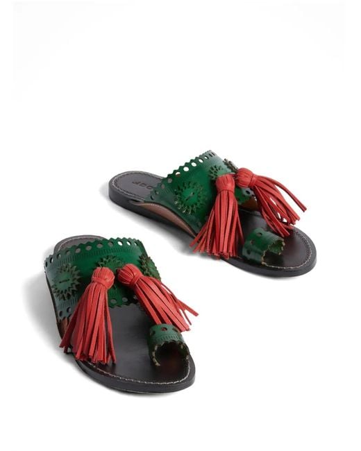 LaDoubleJ Green Solide Foncé En Cuir À Pompons Sandy Slides