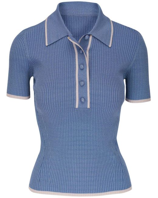 Zimmermann Blue Contrasting-border Ribbed-knit Polo Top