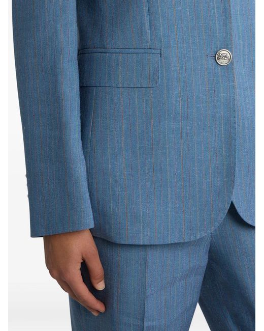 Etro Blue Pegaso-Buttons Striped Single-Breasted Blazer