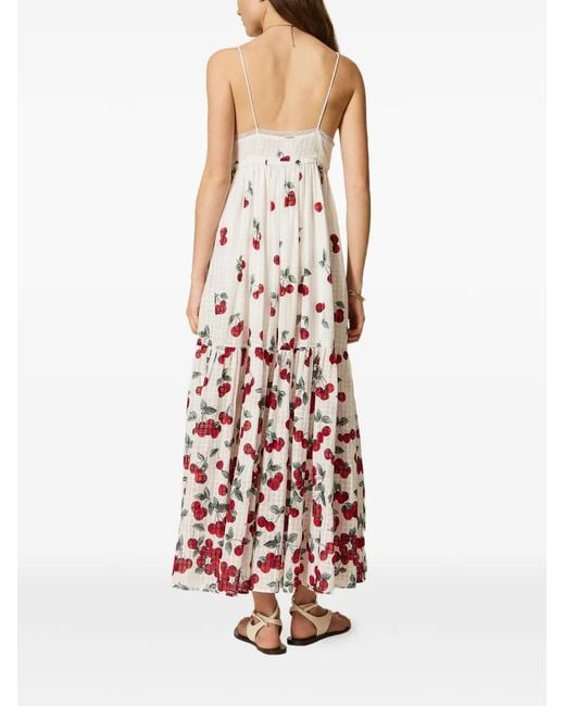 Twinset White Cherry-Print Lace Long Dress