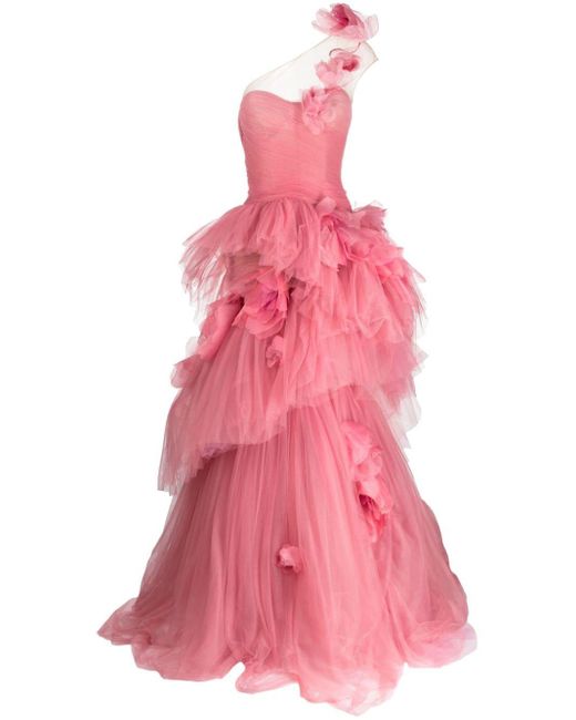 Marchesa Pink Floral-appliqué One-shoulder Tulle Gown