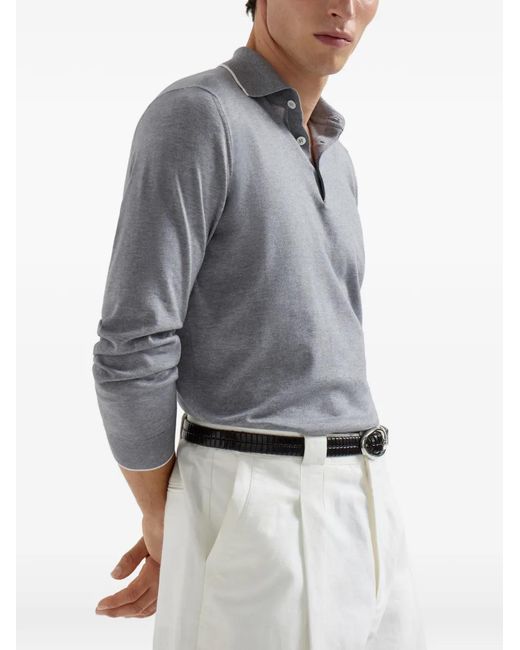 Brunello Cucinelli Gray Long-Sleeve Button-Fastening Polo Shirt for men