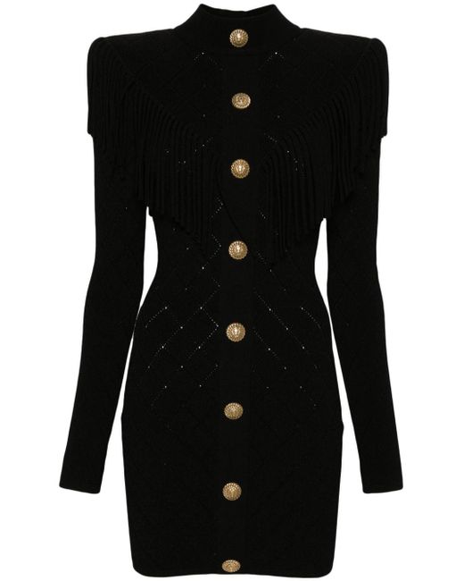 Balmain Black Fringed Fine-knit Minidress