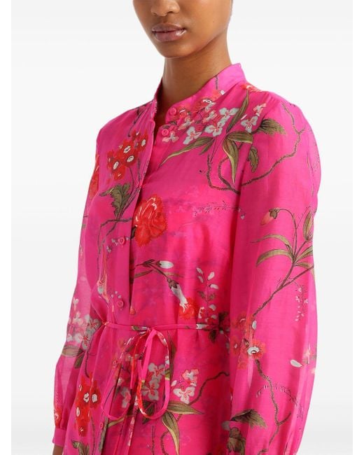 Erdem Pink Floral-Print Belted Midi Dress