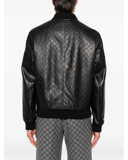 Gucci Black Embossed Gg Leather Bomber Jacket for men