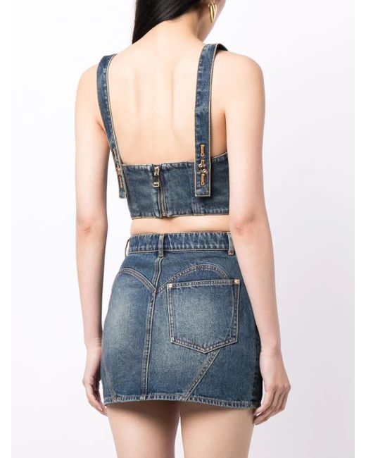 Area Blue Claw Cup Crystal-embellished Denim Bustier