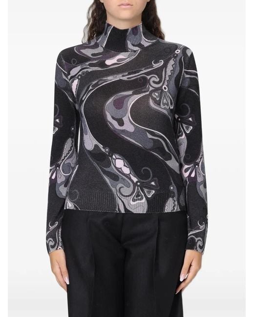 Emilio Pucci Black Abstract-Print Roll-Neck Sweater