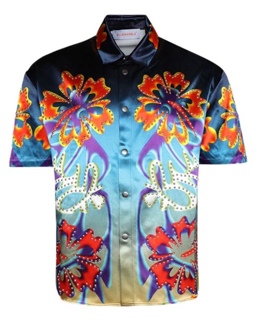 Bluemarble Blue Hibiscus Floral-print Shirt for men