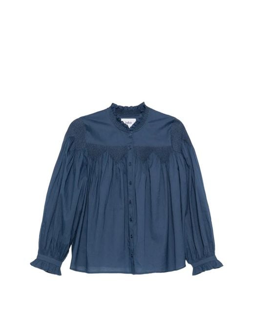 Ba&sh Blue Tonia Smocked Ruffled Shirt