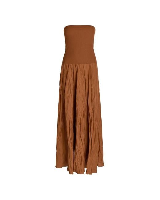 Johanna Ortiz Brown Ribbed Bandeau Gathered Midi Dress