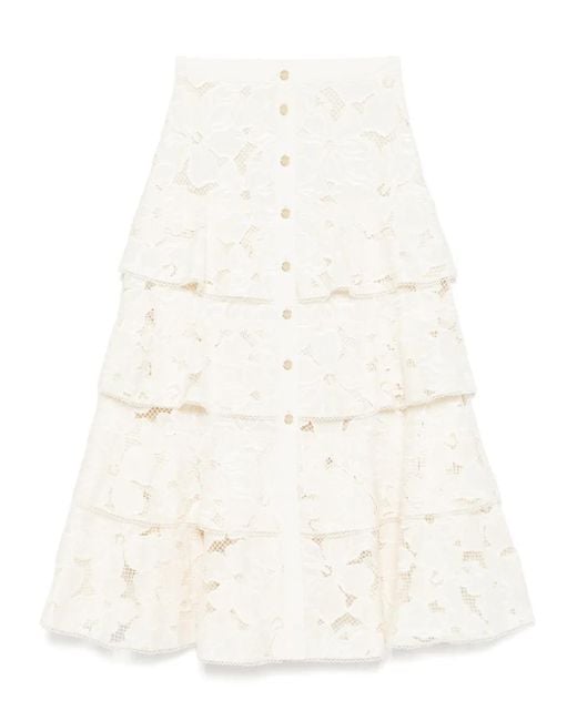 Sandro White Floral-Embroidered Midi Skirt