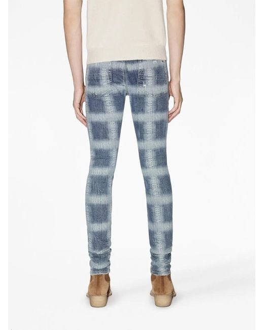 Amiri Blue Logo Plaid-Print Skinny Jeans for men