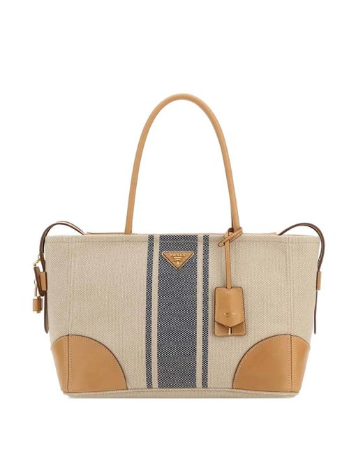 Prada Natural Large Leather-Trim Tote Bag