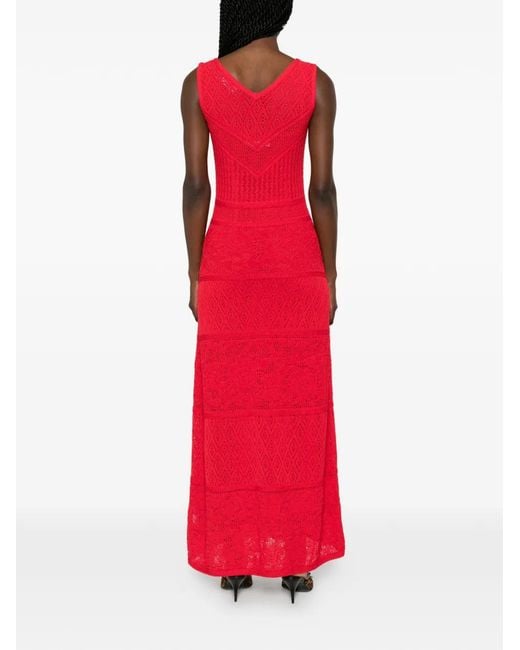 Blugirl Blumarine Red Crochet-Knit V-Neck Maxi Dress