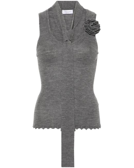 Blumarine Gray Floral-Appliqué Knitted Tank Top