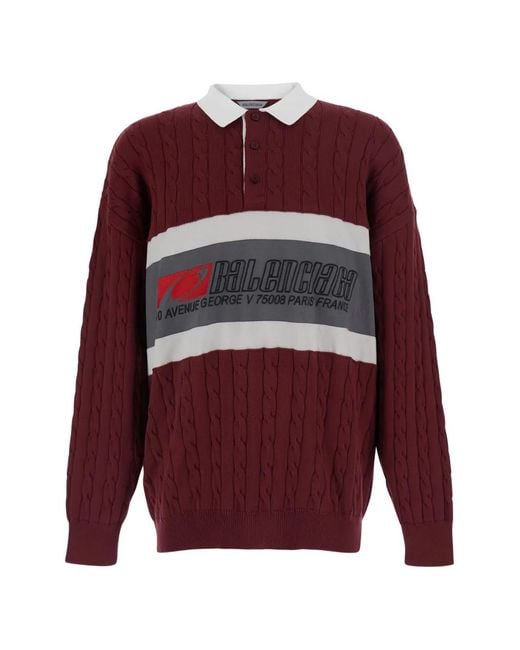 Balenciaga Red Cable-Knit Logo-Print Polo Shirt for men
