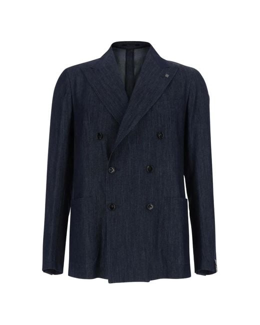 Tagliatore Blue Double-Breasted Denim Blazer for men