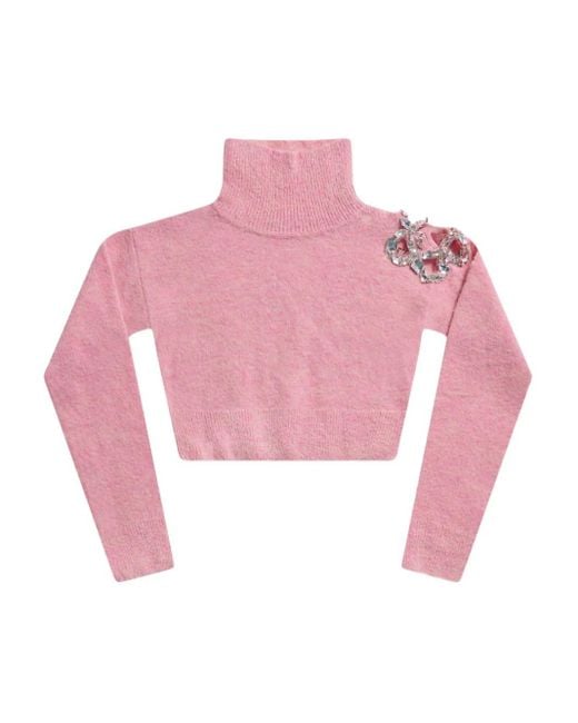 Area Pink Crystal-Cluster Flower Turtleneck Sweater