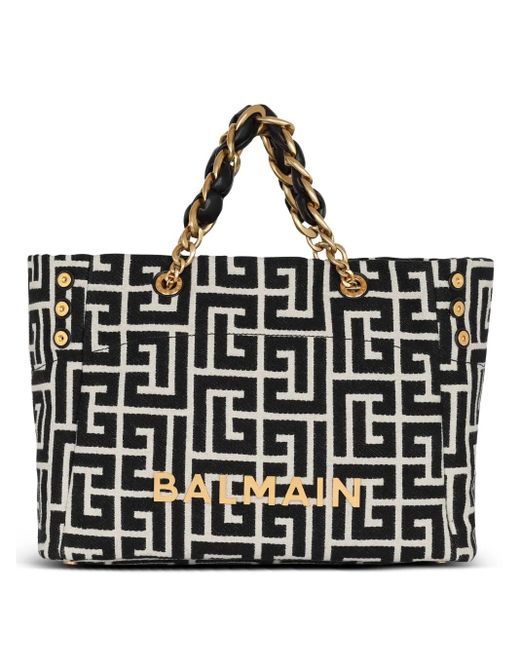 Borsa shopper 1945 soft in tela jacquard con monogramma di Balmain in Black