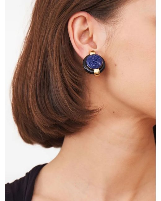 Kenneth Jay Lane Blue Carved-Lapis Button Clip-On Earrings
