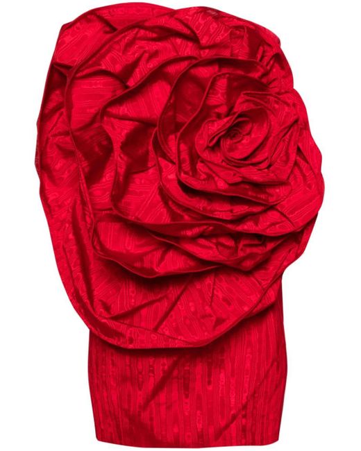 Huishan Zhang Red Floral-appliqué Moire Minidress